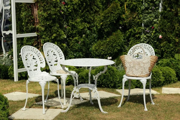 Vintage Garden White Tea Table Chairs — Stock Photo, Image