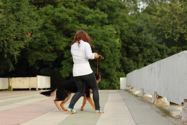 Kvinna och hund utomhus — Stockfoto