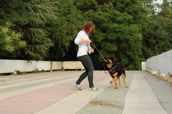 Kvinna och hund utomhus — Stockfoto