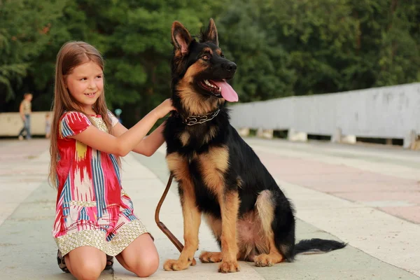 Liten flicka med hund — Stockfoto