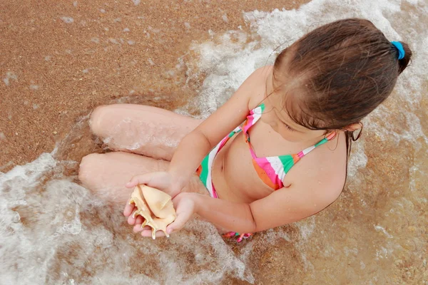 Menina Praia Segurando Copo Conchas Que Ela Encontrou — Fotografia de Stock