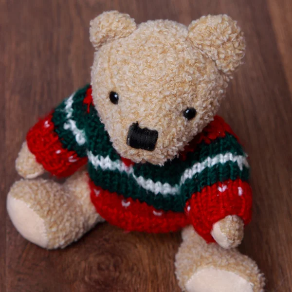 Kleine Knuffel Teddybeer Houten Achtergrond — Stockfoto