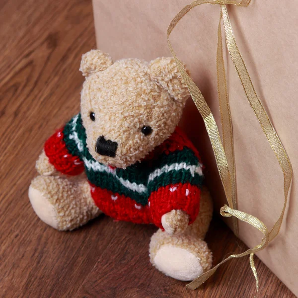 Decoración Navidad Con Oso Peluche Antiguo Sobre Fondo Madera Holiday —  Fotos de Stock