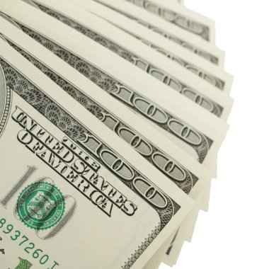 Yüz dolarlık banknotlar iş ve Finans beyaz zemin üzerine yığını