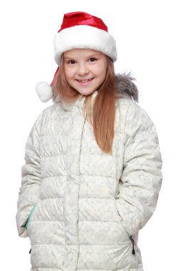 Bir Noel Baba'nın şapka ile neşeli bir kız portresi