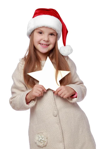 Retrato de Natal de uma criança bonita no chapéu de um Papai Noel — Fotografia de Stock