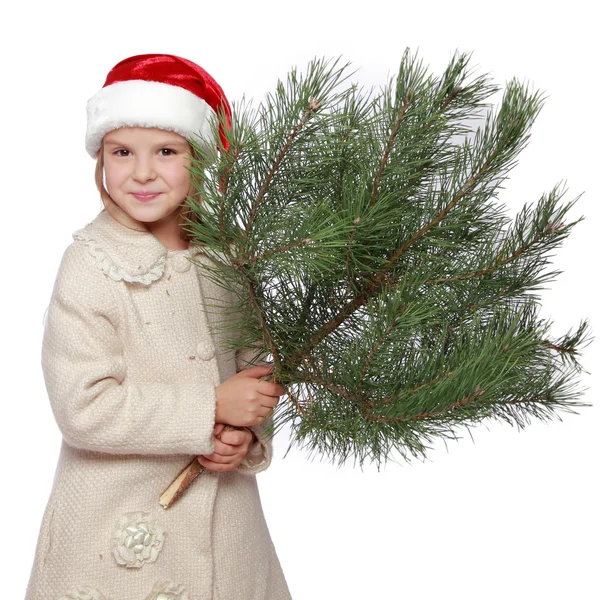 Positive young girl in Santa's hat is happy and laughing with Christmas tree — Stock Photo, Image