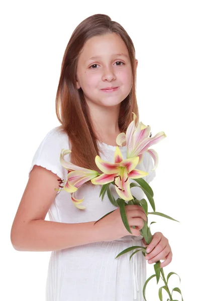 Piękne, uśmiechnięte dziewczyny z lilią — Zdjęcie stockowe