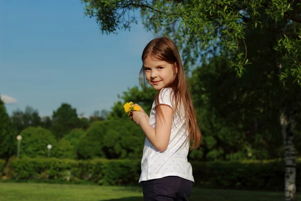 美しい緑の風景の背景に ヒナギクの花束を持つかわいい陽気な子供が公園の中を歩く — ストック写真