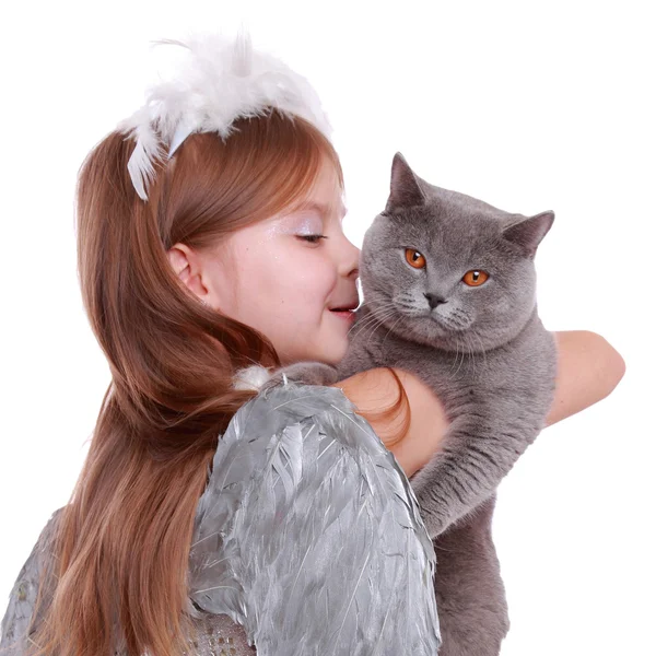 Pretty smiley little angelic girl holding lovely cat — Stok fotoğraf