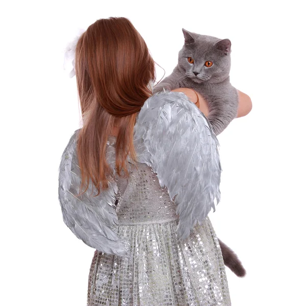 Pretty smiley little angelic girl holding lovely cat — Stock Photo, Image