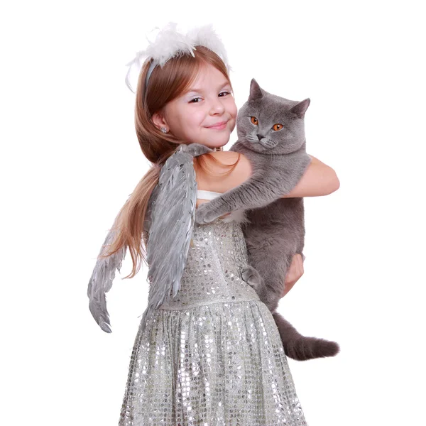 Pretty smiley little angelic girl holding lovely cat — Stock Photo, Image