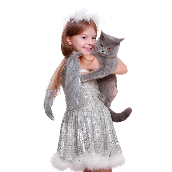 Pretty smiley little angelic girl holding lovely cat — 图库照片