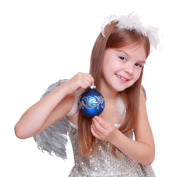 Christmas Sweet Smiley Angelic Little Girl Holding Holiday Decoration Merry — Stock Photo, Image