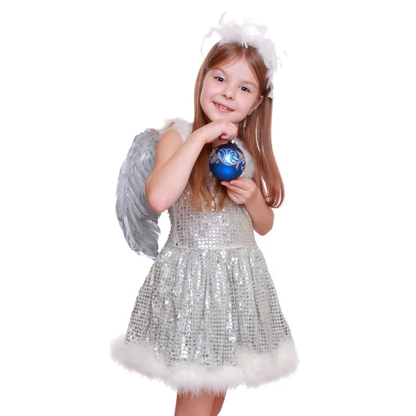 Nice portrait of cheerful lovely girl as an angel with Christmas decorative ball — Stock Photo, Image