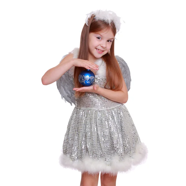 Nice portrait of cheerful lovely girl as an angel with Christmas decorative ball — Stock Photo, Image