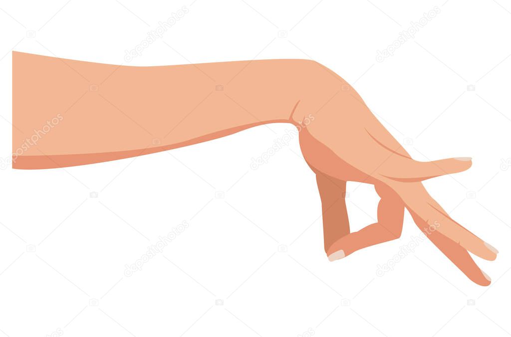Hand picking something. Okay gesture. Hand isolated on a white background. Gesture pinching, hold, two fingers close. Vector illustration, flat cartoon design, eps 10.