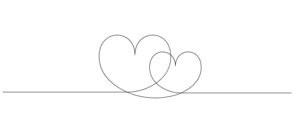 Continuous line drawing of love sign with two hearts embrace minimalism design. Big and small heart. Drawing by hand, black lines on a white background. — Stock Vector