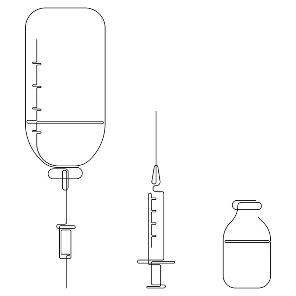 Kontinuerlig ritning av droppräknare, spruta och flaska. Medicinsk utrustning set eller verktyg handritade vektor illustration. — Stock vektor