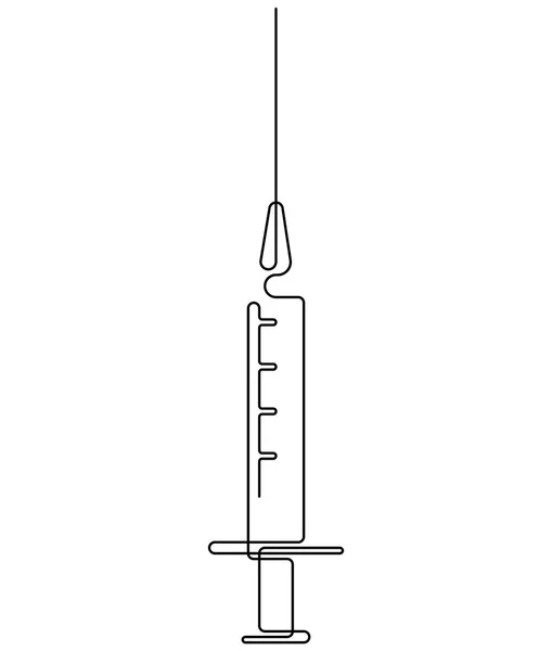 Desenho contínuo de uma linha de seringa com agulha. Equipamento médico ou ferramentas ilustração vetorial desenhada à mão. — Vetor de Stock