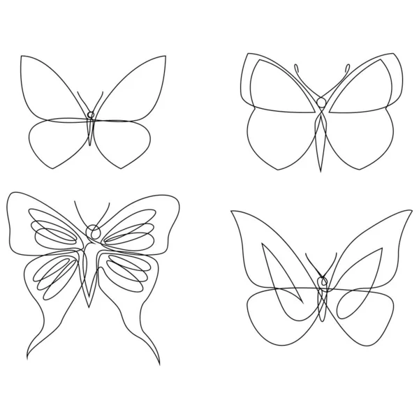 Bir çizgi kelebek tasarımı siluet seti. El çizimi minimalizm stili vektör çizimi. Kelebek koleksiyonu — Stok Vektör