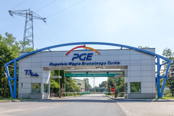 BOGATYNIA, POLAND - JUNE 19, 2021. The main gate to the PGE Turow Brown Coal Mine ("Kopalnia Wegla Brunatnego Turow" in Polish)