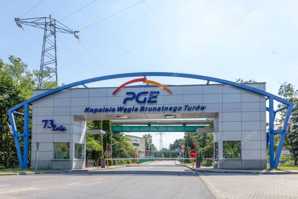 BOGATYNIA, POLAND - JUNE 19, 2021. The main gate to the PGE Turow Brown Coal Mine (