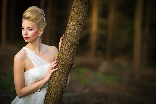 Linda noiva em seu dia de casamento ao ar livre em uma floresta — Fotografia de Stock