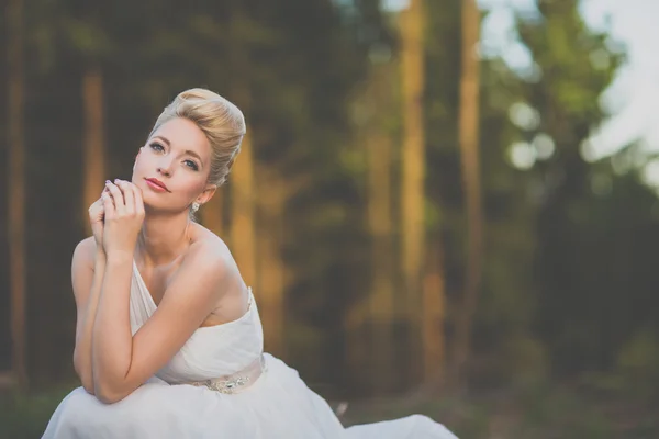 Preciosa novia en el día de su boda al aire libre en un bosque — Foto de Stock