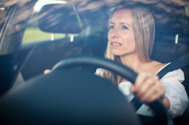 Arabasının direksiyonunda orta yaşlı güzel bir kadın.