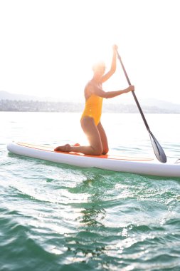 Kürek çekme konsepti - Güzel, genç bir kadın sıcak öğleden sonra ışığında güzel bir gölde kürek çekiyor