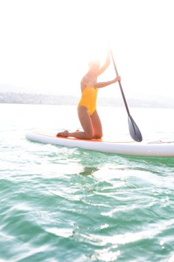Kürek çekme konsepti - Güzel, genç bir kadın sıcak öğleden sonra ışığında güzel bir gölde kürek çekiyor
