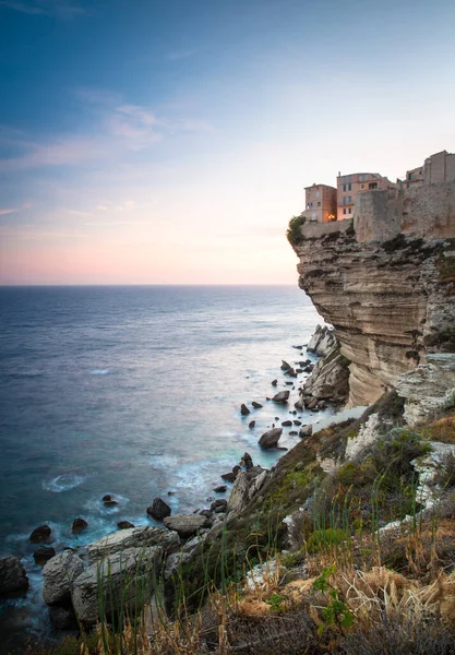 Sunset Old Town Bonifacio Limestone Cliff South Coast Corsica Island — Stock Photo, Image