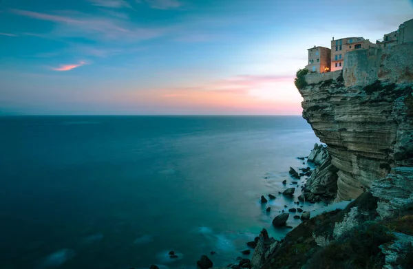 Sunset Old Town Bonifacio Limestone Cliff South Coast Corsica Island — Stock Photo, Image