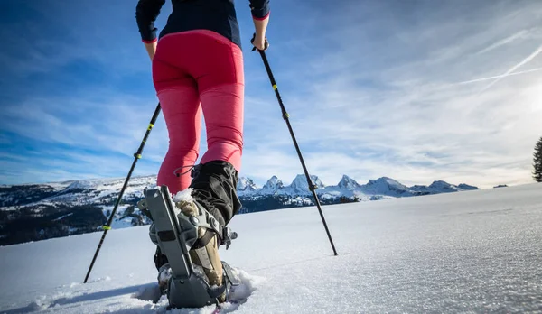 Mujer Joven Raquetas Nieve Las Altas Montañas Disfrutando Hermoso Día — Foto de Stock