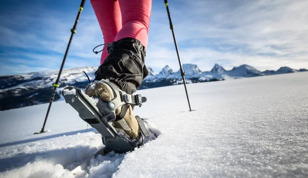 年轻女子雪鞋在高山上 享受着美好的一天 — 图库照片