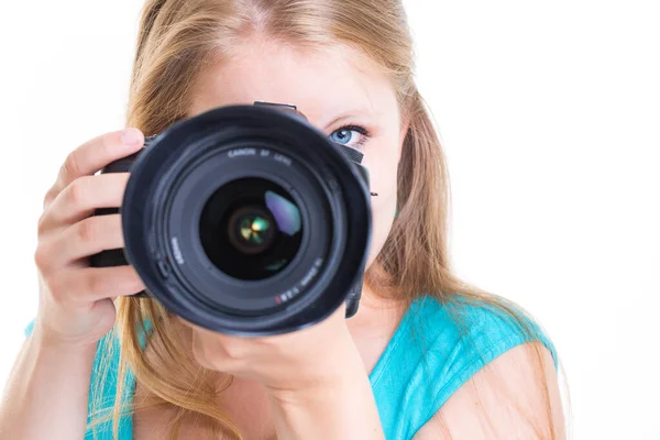 Fotógrafa Bonita Feminina Com Sua Câmera Digital Imagem Tonificada Cores — Fotografia de Stock