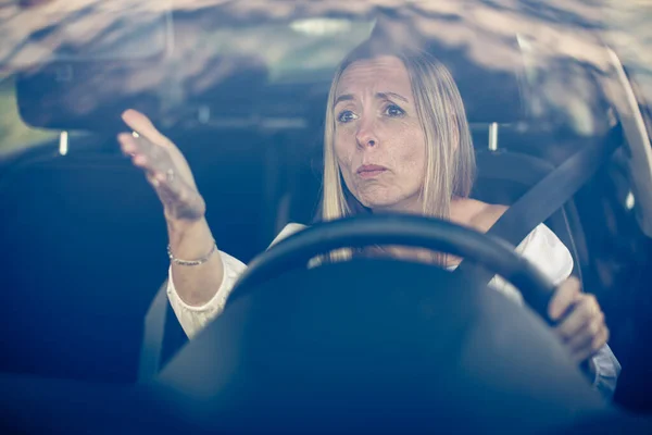 Middle Aged Woman Steering Wheel Her Car Getting Angry — Stock Photo, Image