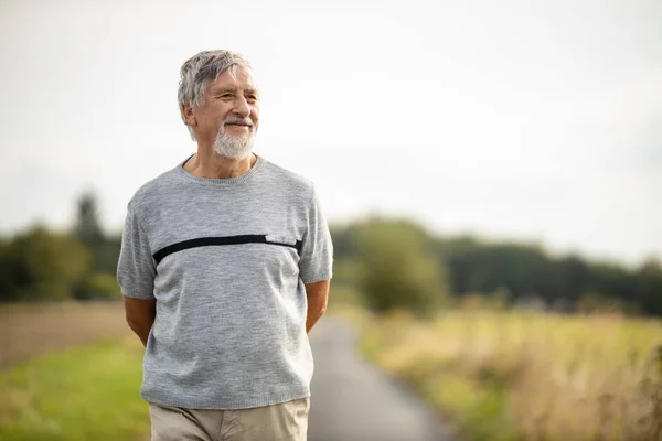 Happy Senior Man Walking Outdoors Warm Summer Day — Stock Photo, Image