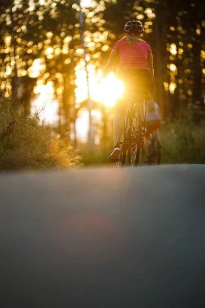 快乐的夫妻骑自行车外出 健康的生活乐趣的概念 休息一下欣赏风景 — 图库照片