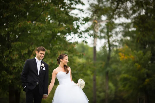Casado, jovem casal de casamentos num parque — Fotografia de Stock