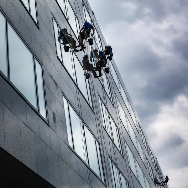 Escaladores lavando janelas de edifício alto — Fotografia de Stock