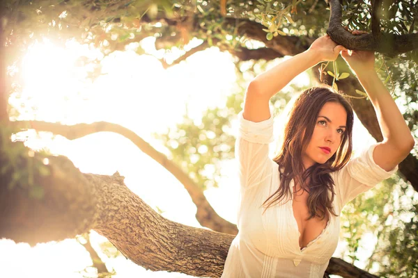 Attractive, young brunette on the beach, amid olive trees — Stock Photo, Image