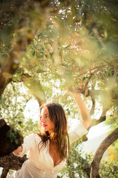 Attractive, young brunette on the beach, amid olive trees — Stock Photo, Image