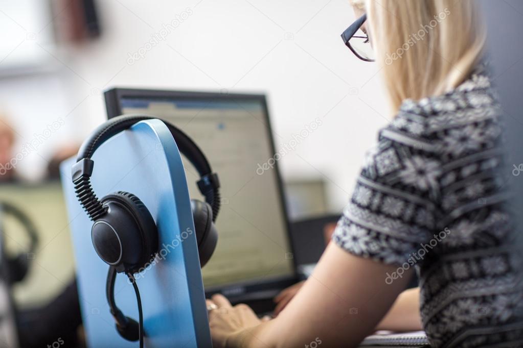 Female interpreter simultaneous interpreter booth