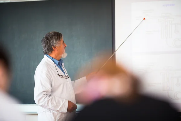 Professor de química sênior dando uma palestra — Fotografia de Stock