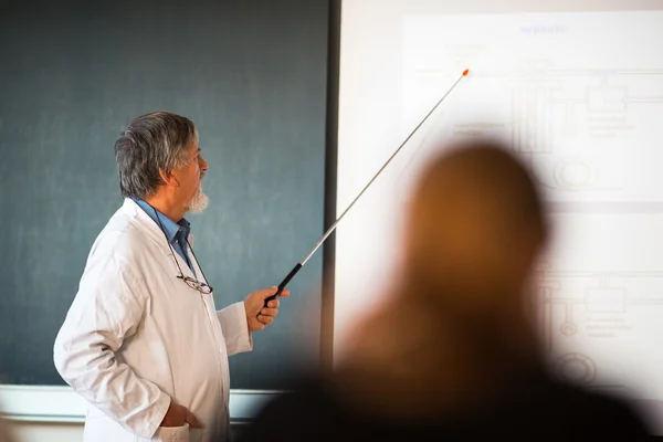 Professor de química sênior dando uma palestra — Fotografia de Stock