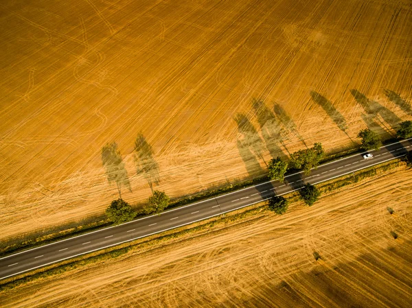 一条乡间小路的鸟瞰图, 上面有一辆汽车的田野 — 图库照片