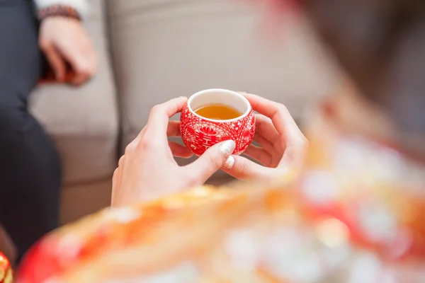 Chinese tea ceremony cups in wedding day — Stock Photo, Image