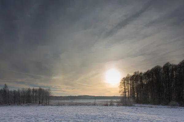 Pôr-do-sol de inverno sobre o prado — Fotografia de Stock